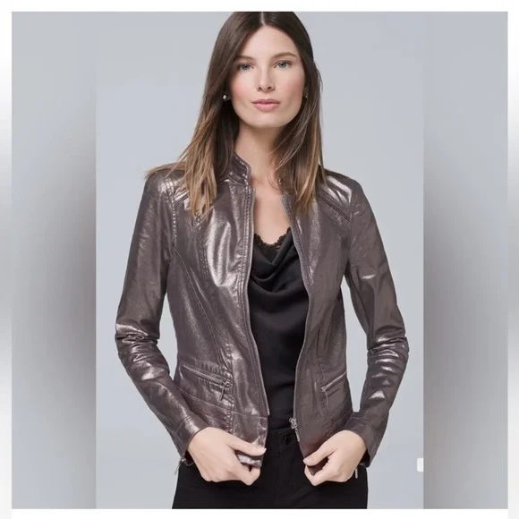 WHBM Silver dark grey Metallic Coated Foil moto jacket  White House Black Market - Picture 1 of 9